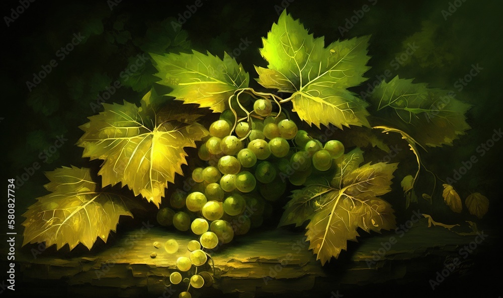  a painting of a bunch of grapes with leaves on a wooden table with a black background and a green g