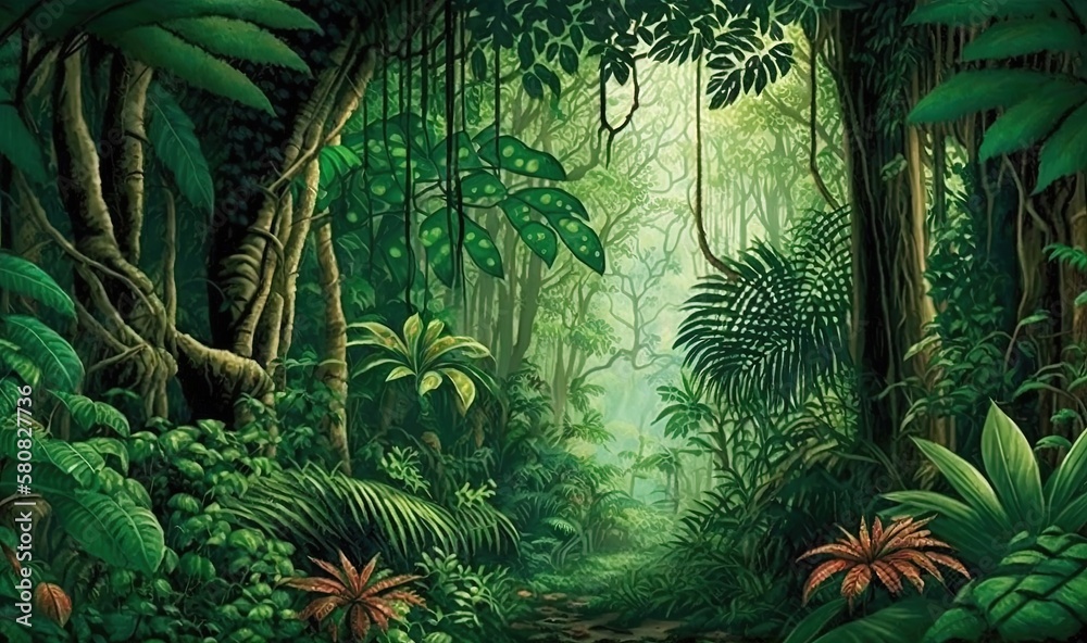  a painting of a jungle with lots of green plants and trees and a path leading to a forest with lots