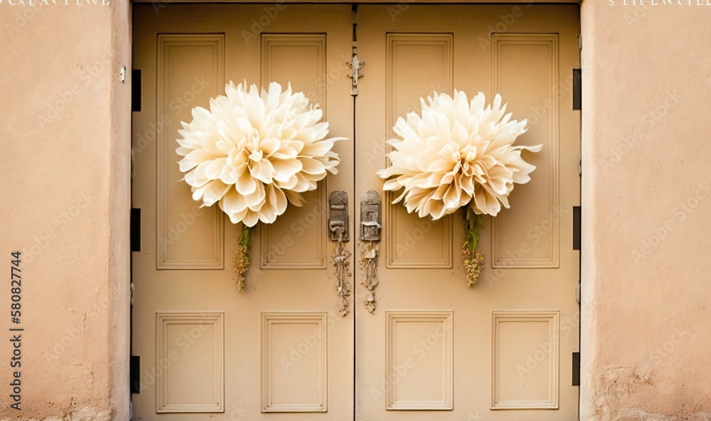  two large white flowers are on the front doors of a building with a brown door and a tan wall behin