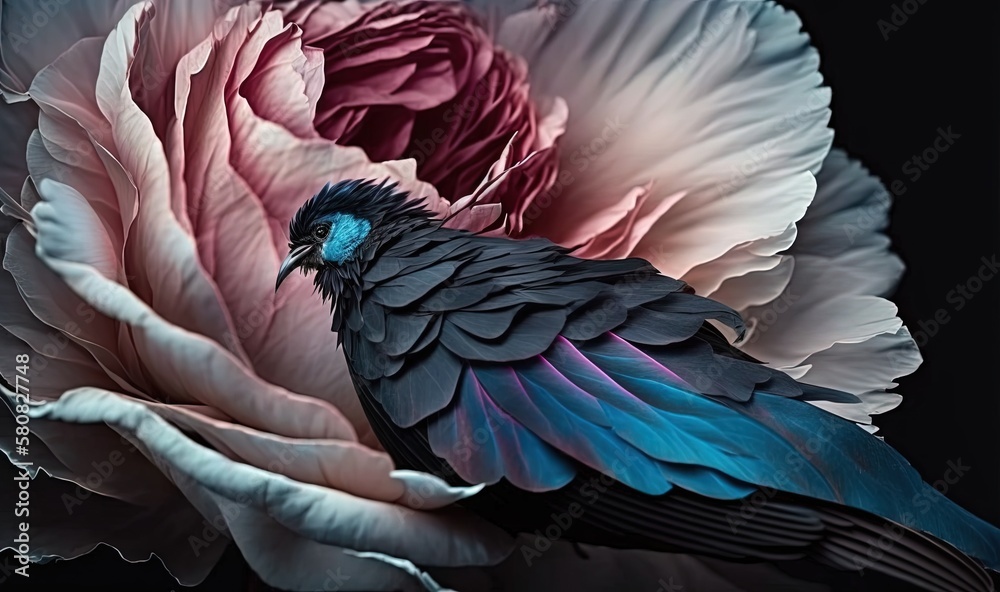  a black bird sitting on top of a pink and white flower with a blue center on its wing and a black 