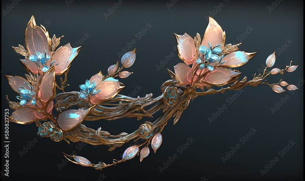  a gold and blue flower headpiece with leaves and flowers on its headpiece, on a black background, 