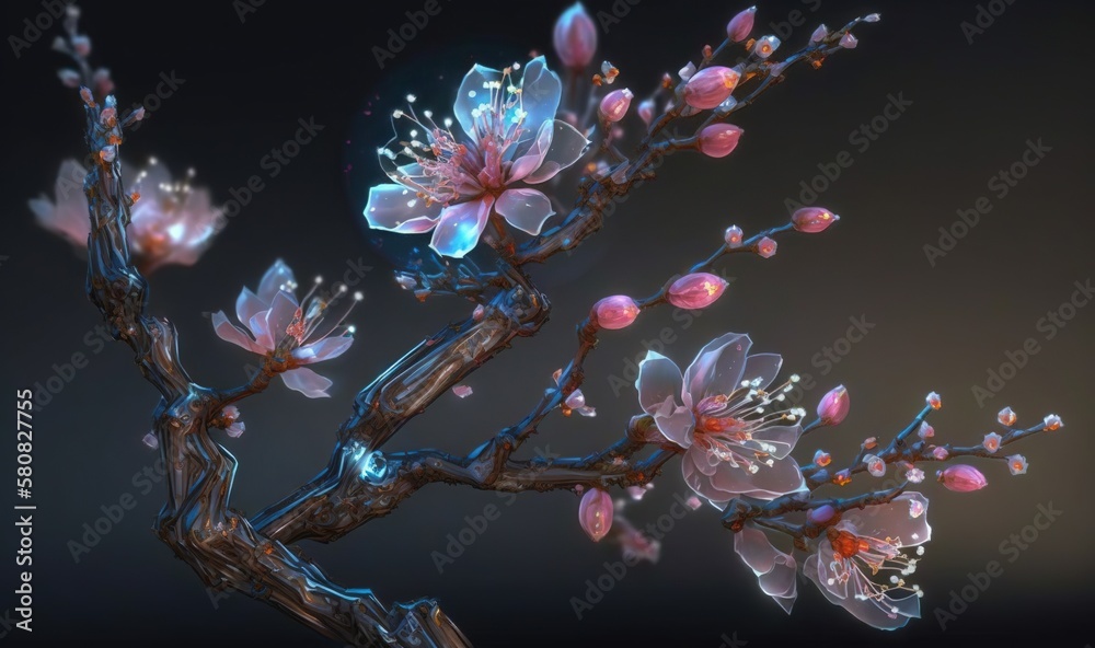  a branch of a flowering tree with pink flowers on a black background with a blue light in the cente