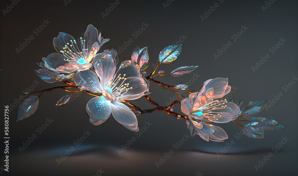  a branch with flowers and leaves on a dark background with a light reflection on the surface of the