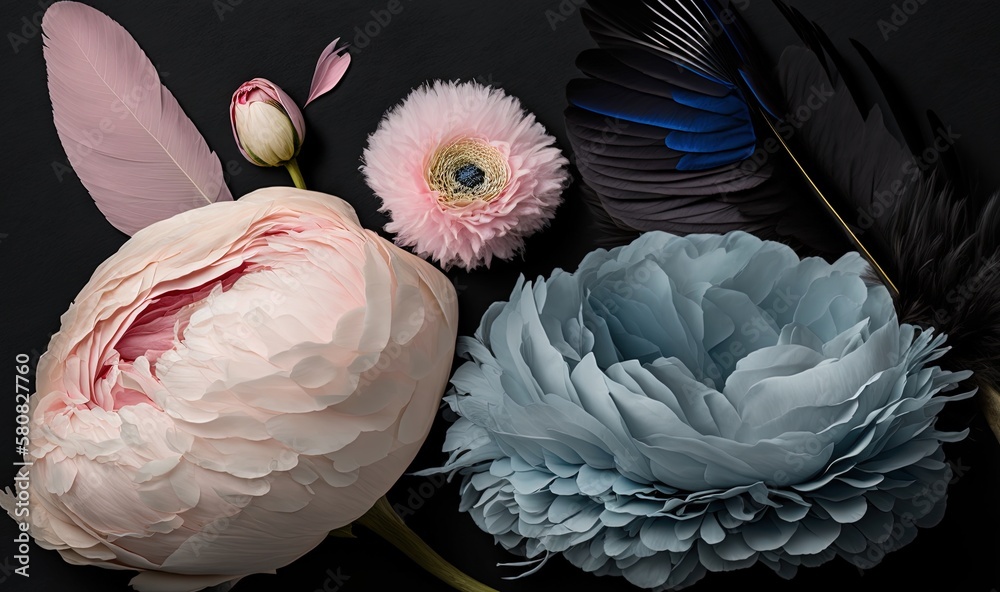  three different types of flowers with feathers on a black background with a white and pink flower a