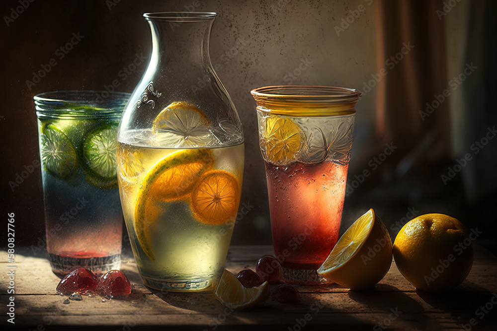  three glasses of lemonade, a pitcher of water, and a pitcher of lemonade are on a table with lemons