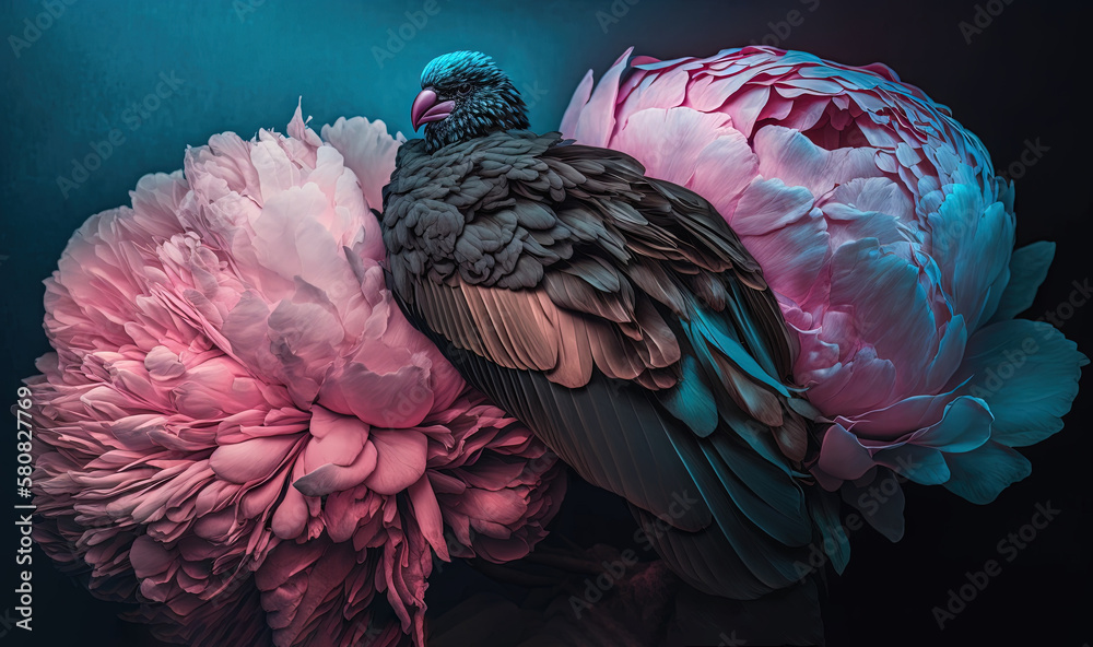  a bird sitting on top of a large pink and blue flower next to a green flower on a black background 