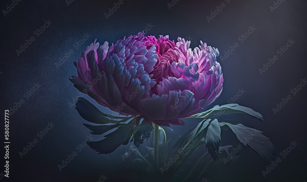  a large purple flower with leaves on a dark background with a blue background and a black backgroun