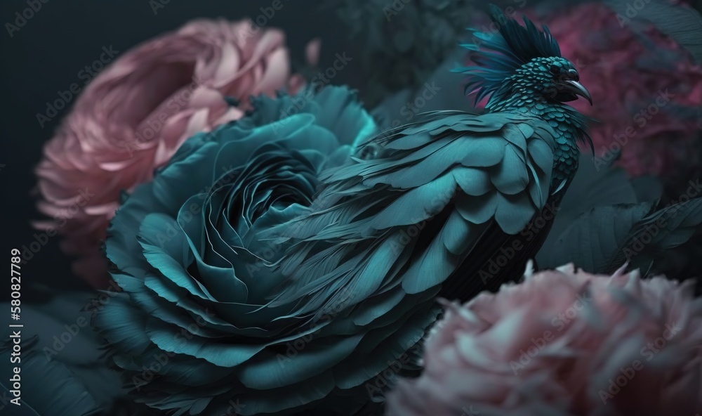  a blue and pink flower with a bird on its head in the middle of the flowers, with a dark backgroun