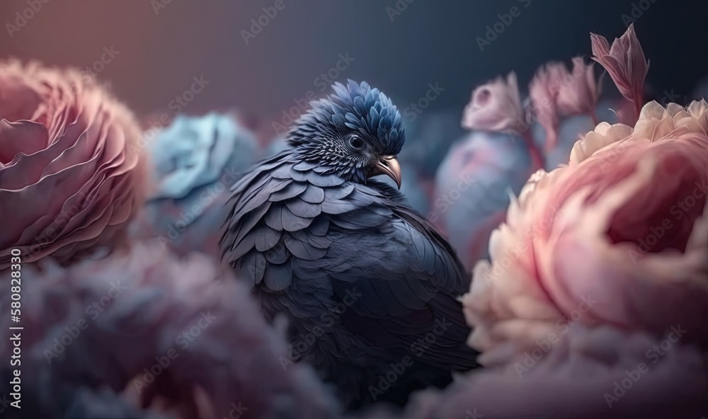  a bird sitting on top of a bunch of flowers in a field of pink and blue flowers with a dark backgro