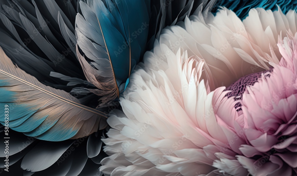  a close up of a flower with a feather on the center of its flower petals and a blue, white, and pi