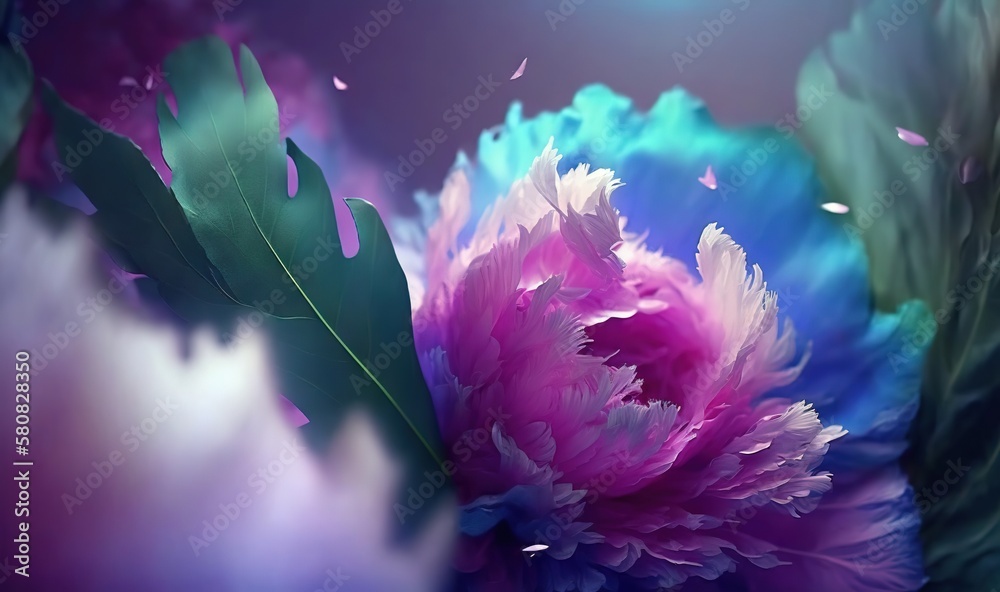  a large flower with a green leaf on its side and a purple flower with a green leaf on its side an