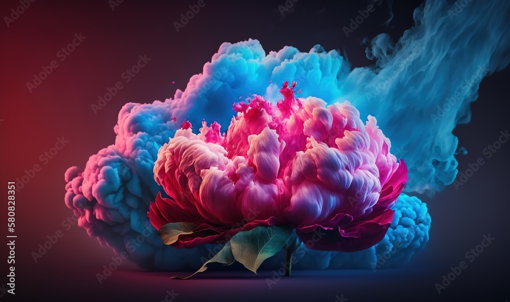  a colorful flower is in the middle of a cloud of smoke and water on a black background with a red a