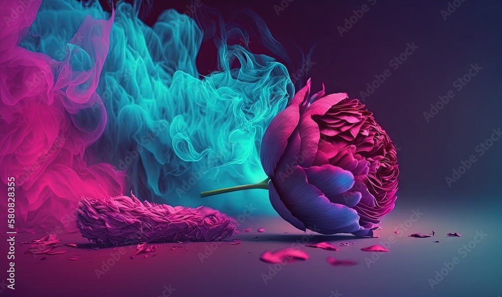  a pink and blue flower with smoke coming out of the top of it on a blue and pink background with pi