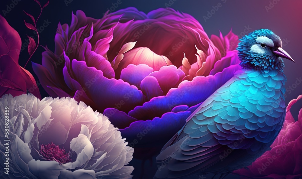  a blue bird sitting on top of a purple and pink flower next to a pink and white flower on a black b