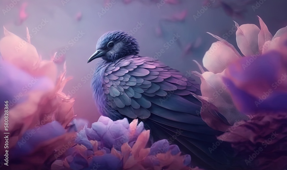  a blue bird sitting on top of a purple flower filled field of pink and purple flowers in the backgr