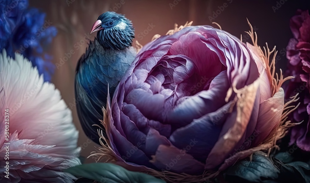  a blue bird sitting on top of a purple and pink flower next to other flowers on a black background 