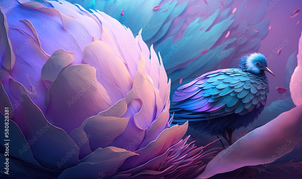  a painting of a blue bird sitting on a purple flower with pink and blue petals in front of a purple