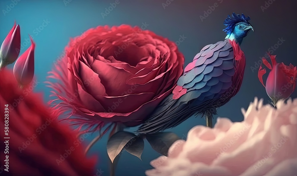  a colorful bird sitting on top of a pink flower next to a pink flower and a white flower on a blue 