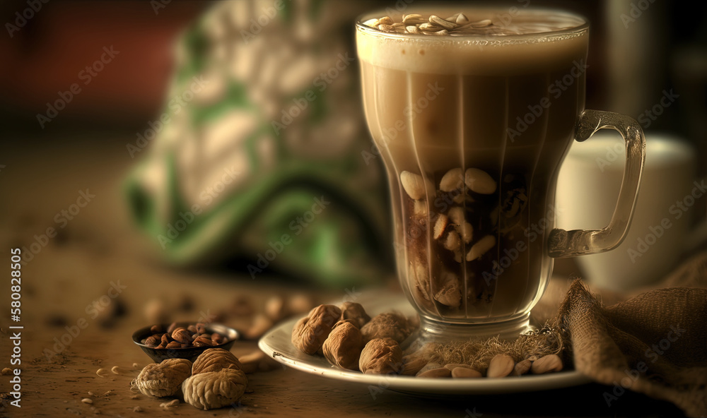  a cup of coffee with nuts on a plate next to a cup of coffee and a bag of coffee beans on a wooden 