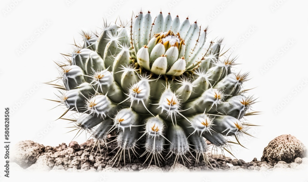  a large cactus with white flowers on its head and two small rocks in front of it, with a white bac