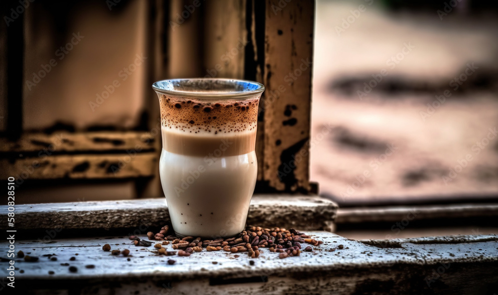  a glass of milk and some seeds on a ledge outside a window sill with a window sill in the backgroun