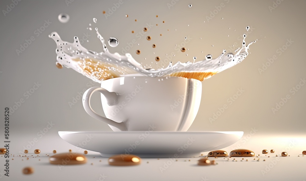  a cup of coffee with a splash of water on top of it and a saucer on the side of the cup with a sauc