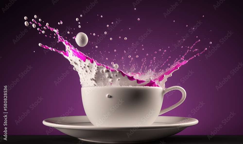  a cup of coffee with a splash of pink liquid on top of it and a white saucer on the side of the cup