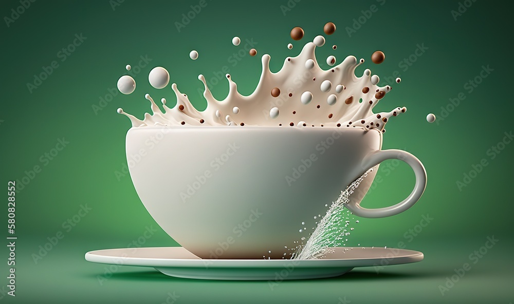  a cup of milk with a splash of milk on top of it, on a saucer, on a green background, with a green 