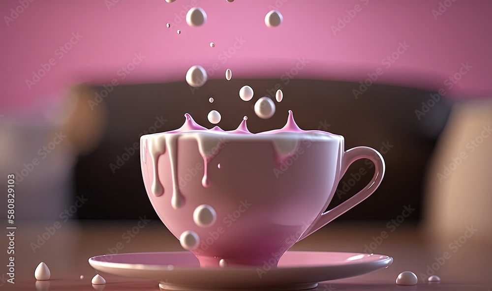  a pink coffee cup with a saucer and saucer on a table with drops of liquid coming out of it and a c