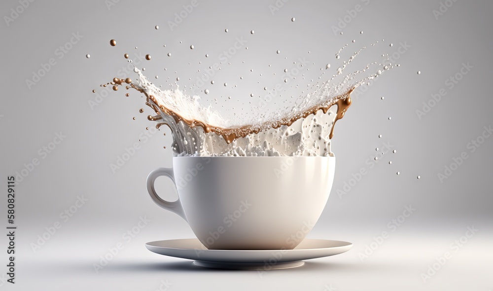  a cup of coffee with a splash of milk in it on a saucer on a gray background with a white plate wit