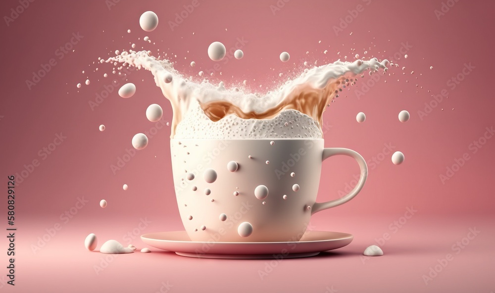  a cup of coffee with milk splashing out of it on a saucer on a pink background with bubbles and a p