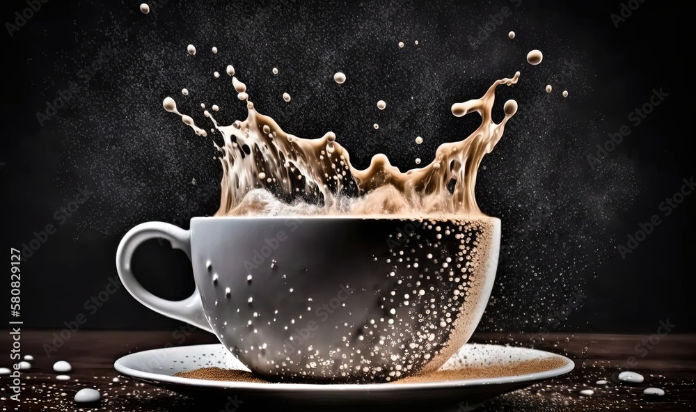  a cup of coffee with liquid splashing out of it on a saucer on a wooden table with drops of water o