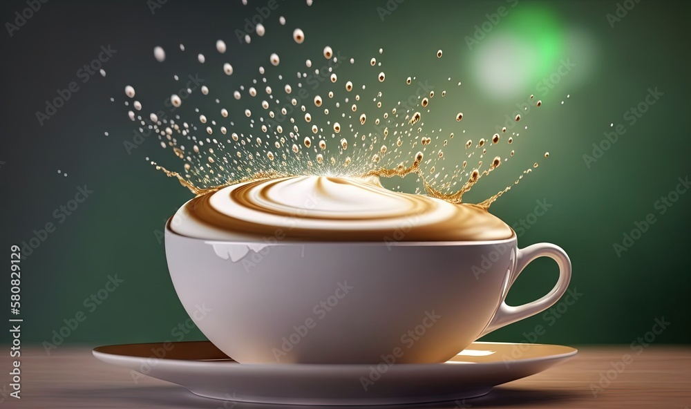  a cup of coffee with a splash of liquid on top of it, on a saucer, on a wooden table, with a green 