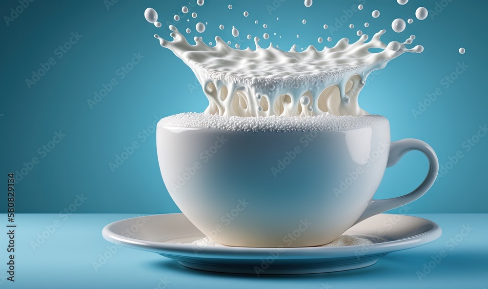  a cup of coffee with milk splashing out of it on a saucer on a blue background with a blue backgrou