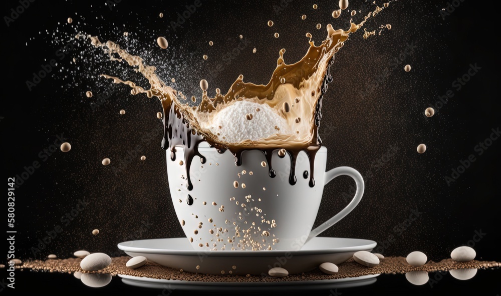  a cup of coffee with a splash of milk on top of it and coffee beans scattered around it on a black 