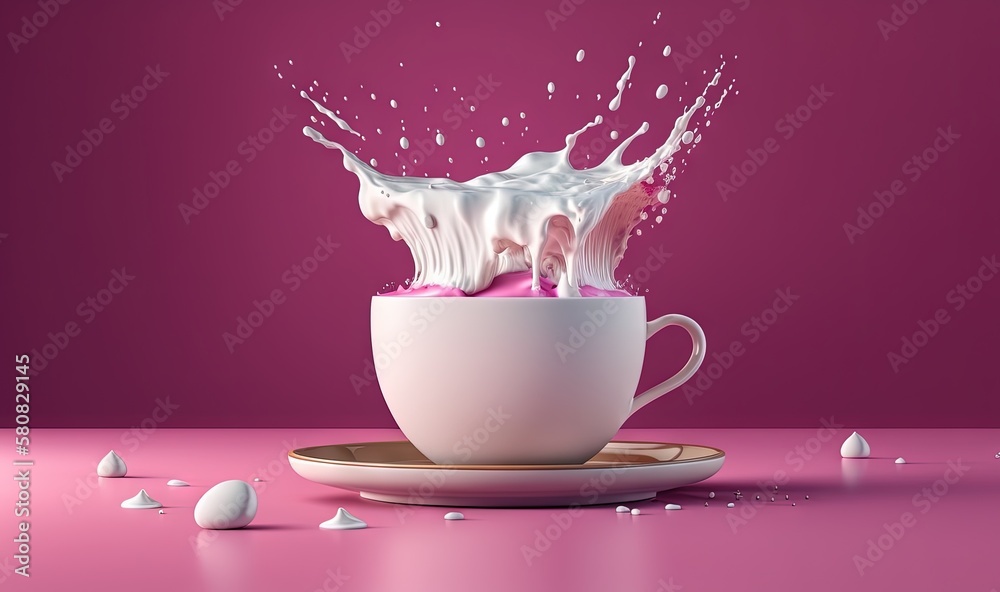  a cup of coffee with milk splashing out of it on a saucer on a pink surface with white drops of mil