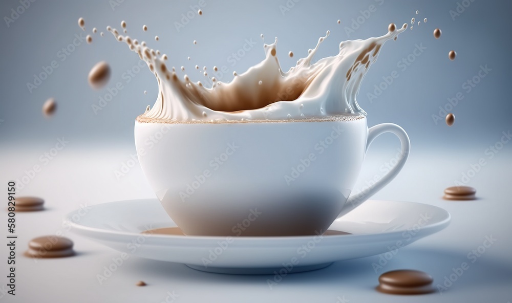  a cup of coffee with milk splashing out of it on a saucer and scattered coffee beans on a table wit