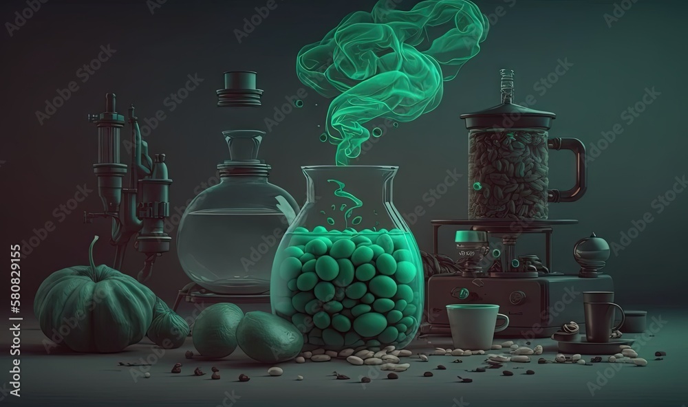  a collection of glassware with green smoke coming out of them and a cup of coffee in front of them 