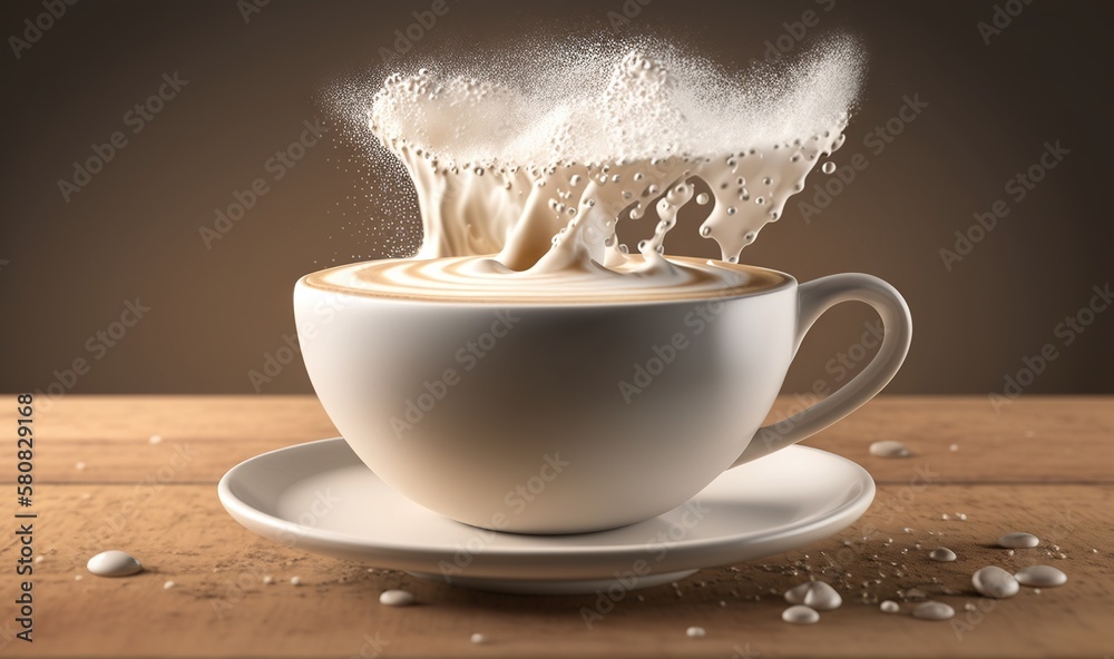  a cup of coffee with milk splashing out of it on a saucer on a wooden table with scattered white gr