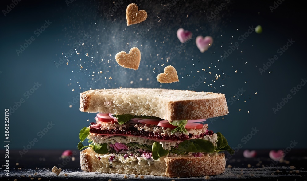  a sandwich with hearts falling out of it on a table with confetti falling from the top of the sandw