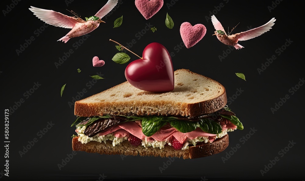  a sandwich with a heart on top of it and flying hearts above it with a bird flying over it to the l