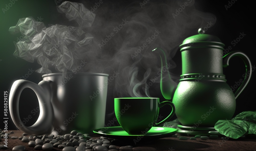  a table topped with cups and saucers covered in steam and smoke next to beans and a leafy green tea