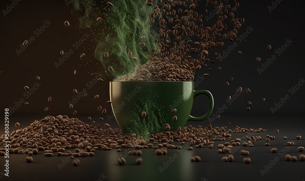  a green cup filled with lots of coffee beans on top of a black table next to a pile of green coffee