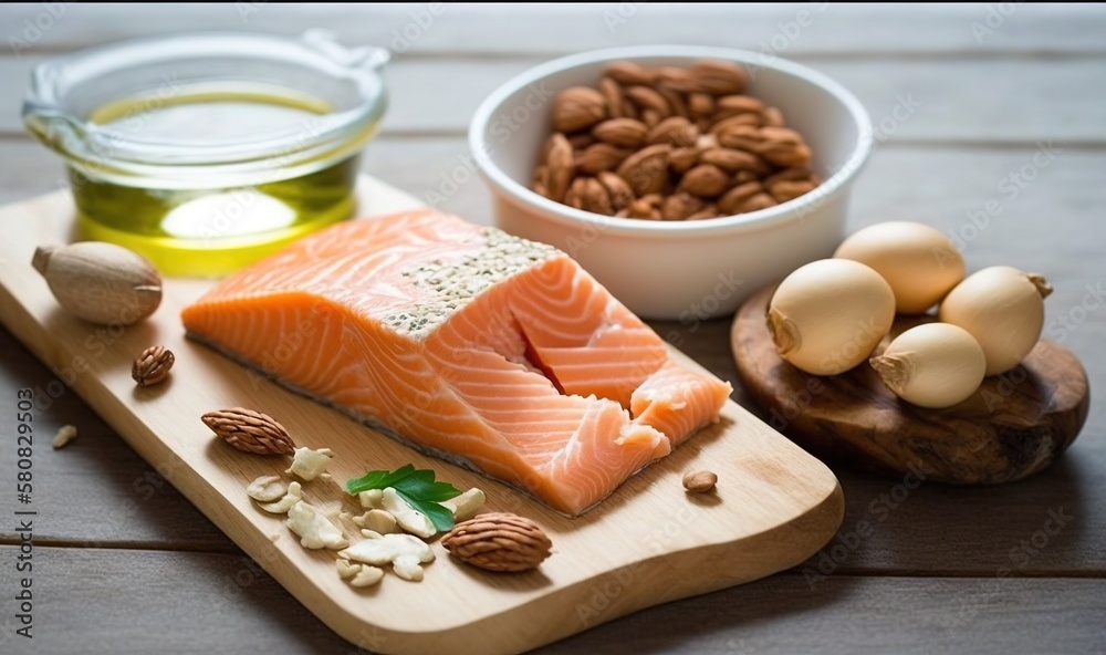  a wooden cutting board topped with a piece of salmon next to a bowl of nuts and a bowl of olives an