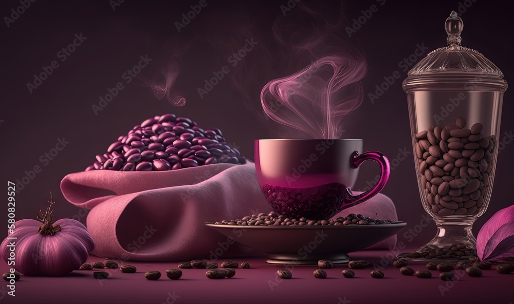  a cup of coffee next to a bowl of beans and a cup of coffee on a plate with a pink cloth on the tab