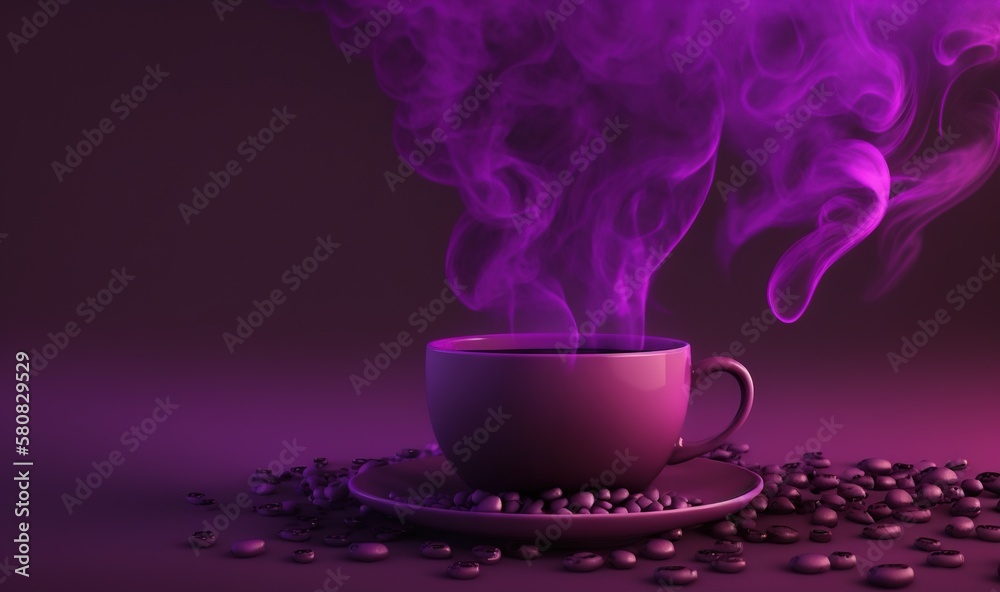  a steaming cup of coffee on a saucer surrounded by coffee beans on a purple background with smoke c