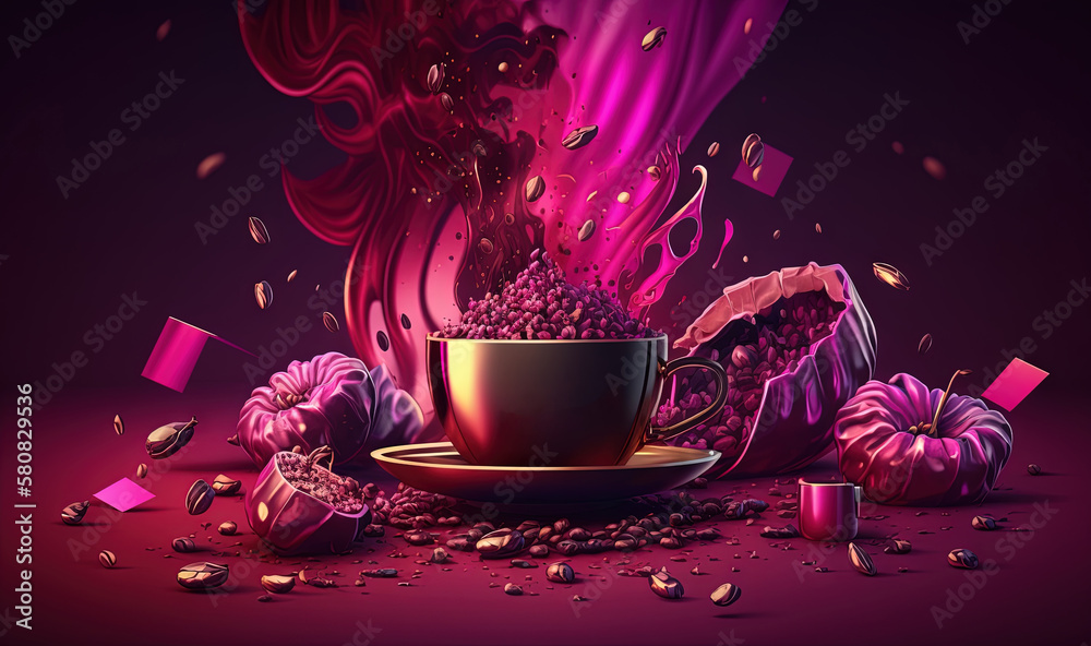  a cup of coffee surrounded by pink and purple liquid and some pieces of cake on a plate and a purpl