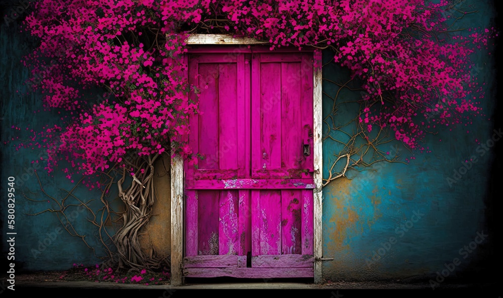  a pink door with purple flowers on it and a tree growing out of the door of the door is painted pur