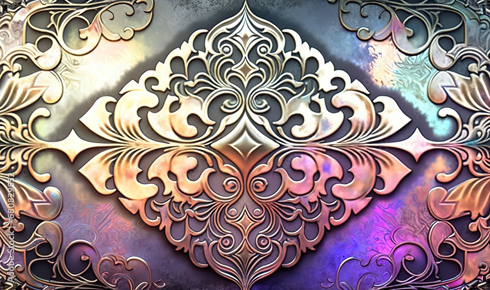  a metal plate with a decorative design on the side of it and a blue and purple background with a wh