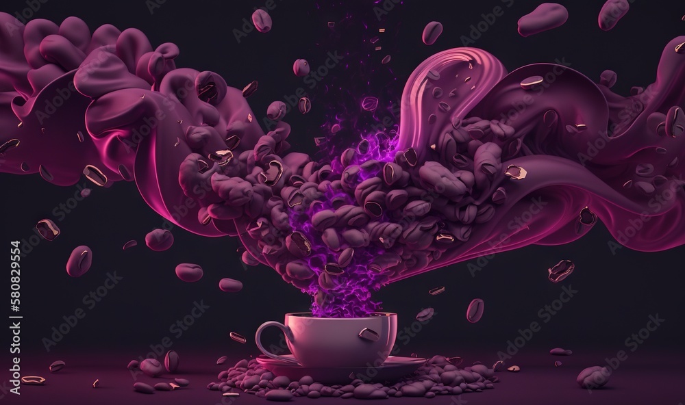  a cup of coffee with a purple liquid pouring out of it and a purple liquid pouring out of it into a